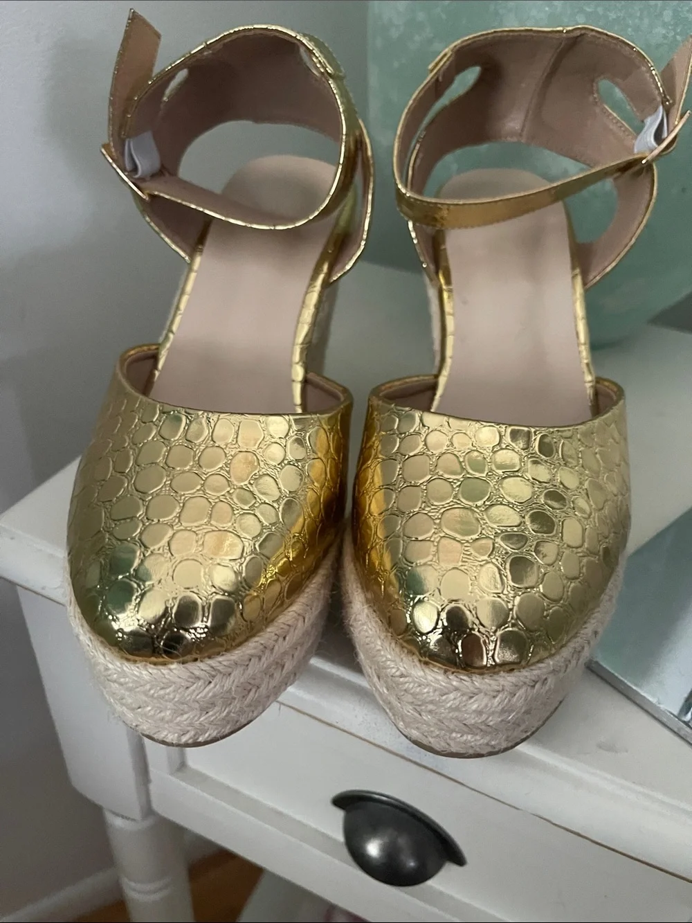Gold Metallic Ankle-Strap Espadrille Wedge Heels
